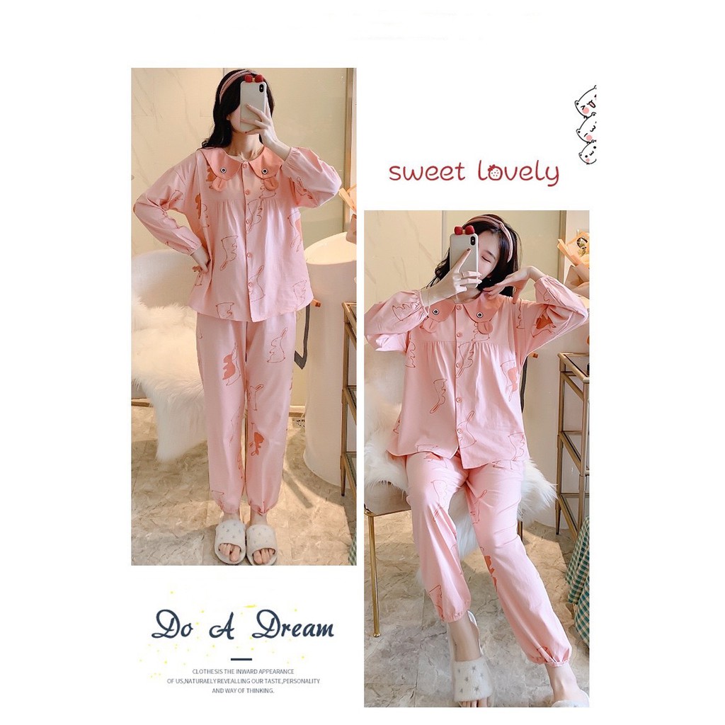 Bộ đồ sau sinh chất Cotton tay dài cổ cách điệu THỎ có vén ti tiện lợi BD942