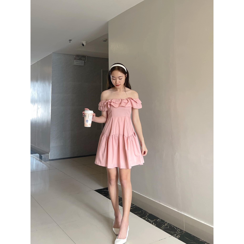 [Sẵn/ảnh thật] Váy trễ vai hồng phấn trắng chun sau tiểu thư siêu xinh đầm xinh đi chơi