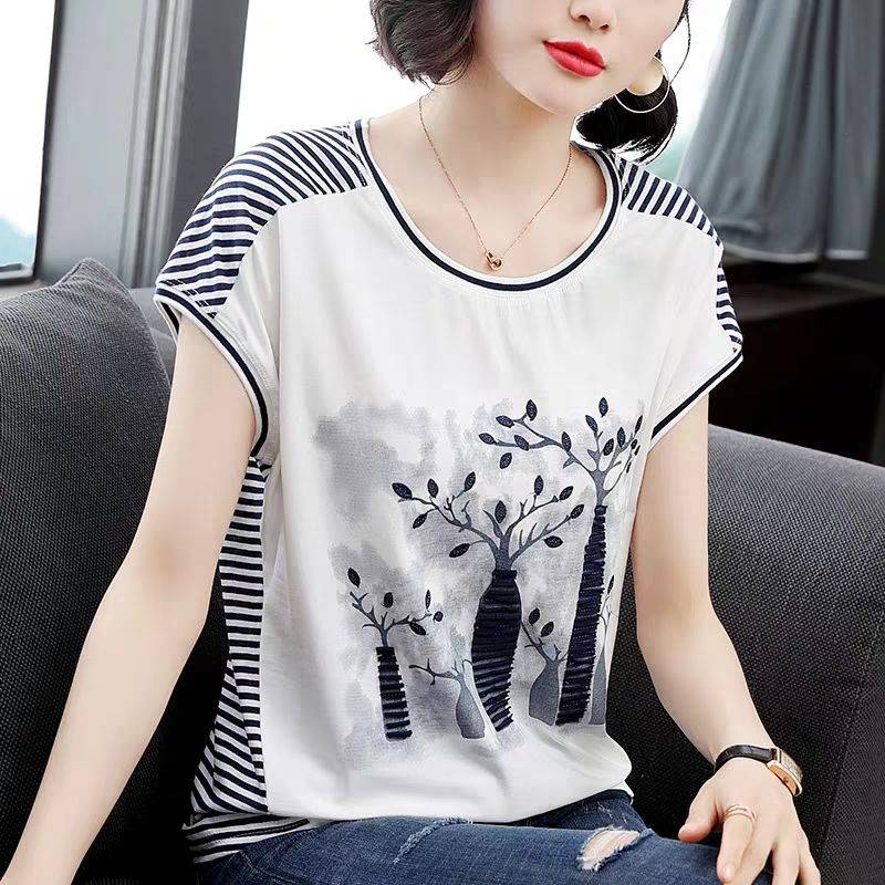 Áo Thun Tay Ngắn Cổ Tròn Hoạ Tiết Kẻ Sọc Có Size Lớn Cho Phái Nữ