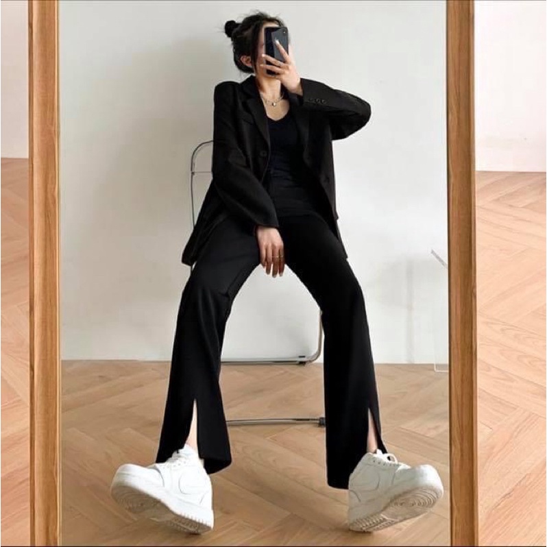 Quần tây dài nữ dáng suông xẻ tà đen trơn chuẩn form cao cấp - Order taobao quảng châu
