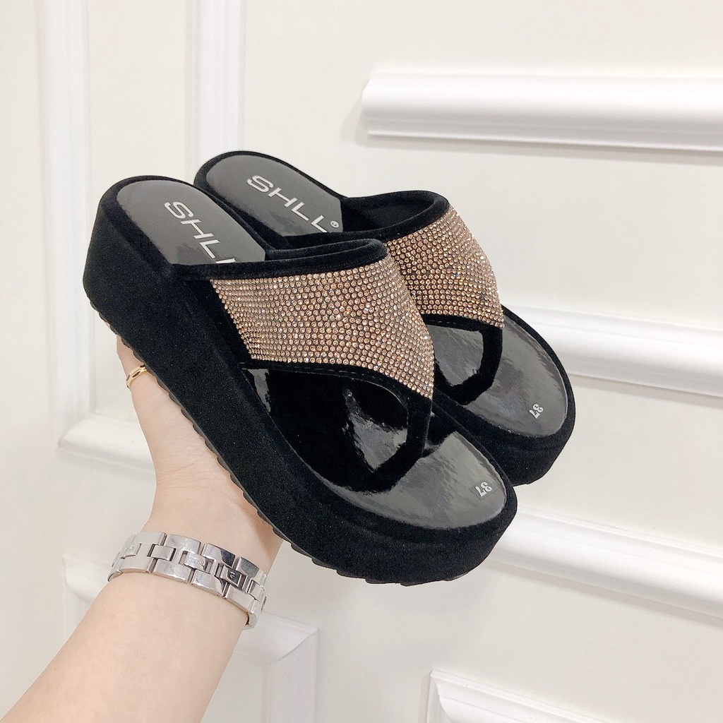 Dép Đế Xuồng Nhung Cao 5p Bản Kẹp Xoàn Đá Chất Nhung Mềm Mướt Cực Xinh - ChiChanh Store