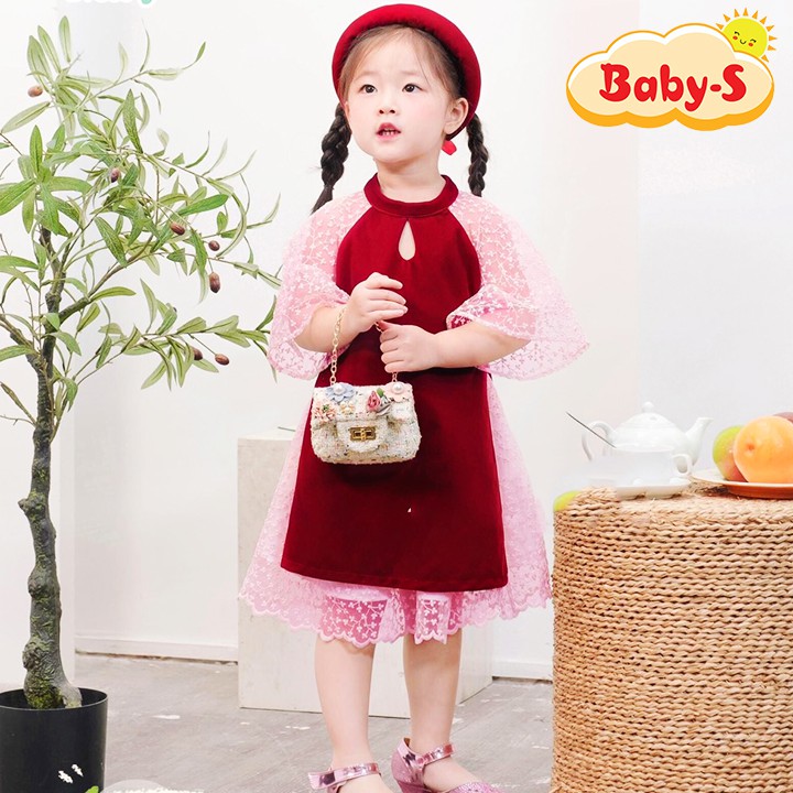 Áo dài nhung cho bé gái 1-7 tuổi chất nhung mịn phối ren đơn giản kèm mấn nhung xinh yêu Baby-S – SAD002