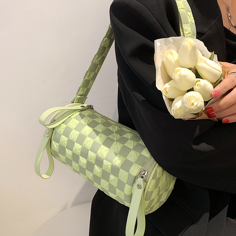 Túi đeo vai IELGY thiết kế hình trụ họa tiết sọc ca rô thời trang trẻ trung dành cho nữ