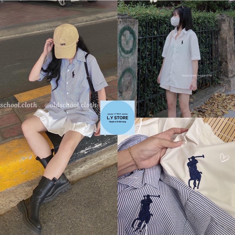 Áo Sơ Mi Kẻ Golf Tay Lỡ L.Y Store Nữ  🌸 Thun polo form rộng thêu hình sọc màu XANH | TRẮNG cá tính Ulzzang 🌸