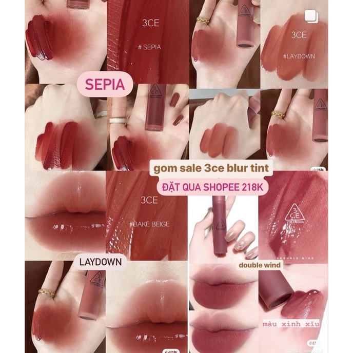 Son Kem Lì 3CE Blur Water Tint Laydown / Sepia / Đủ màu