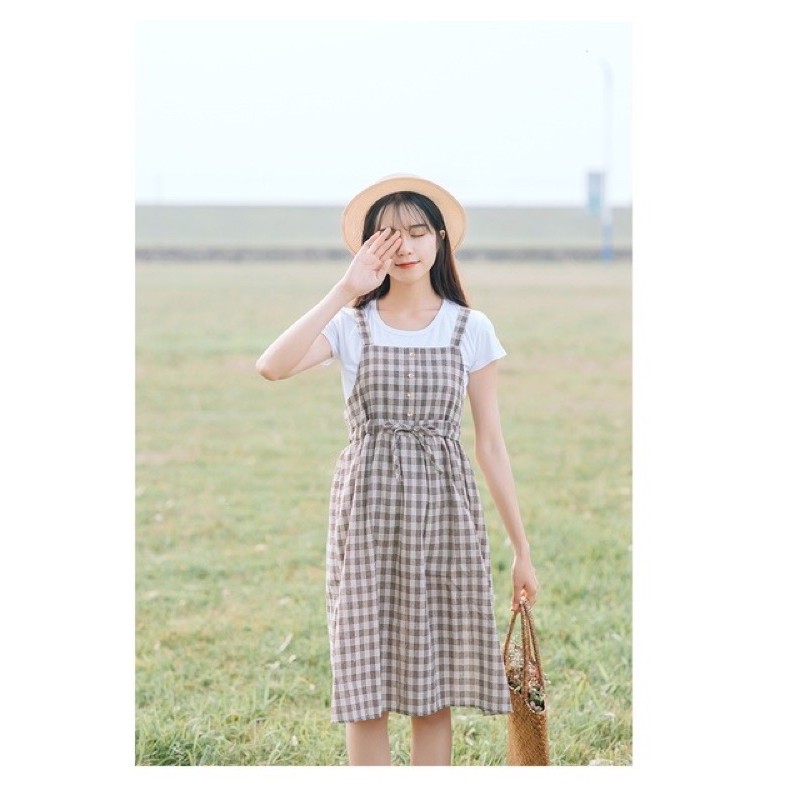 Váy Yếm Kẻ Caro Ulzzang Thắt Nơ Eo Hot Hít