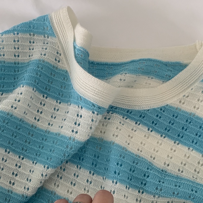 Áo Dệt Kim Ngắn Tay Form Rộng Họa Tiết Kẻ Sọc Phong Cách Retro Nhật Bản Cho Nữ