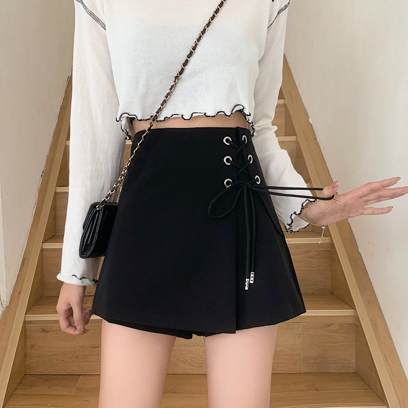 Quần short giả váy cạp cao phối dây thắt hông phong cách hàn quốc hàng quảng châu - quần đùi nữ vạt chéo