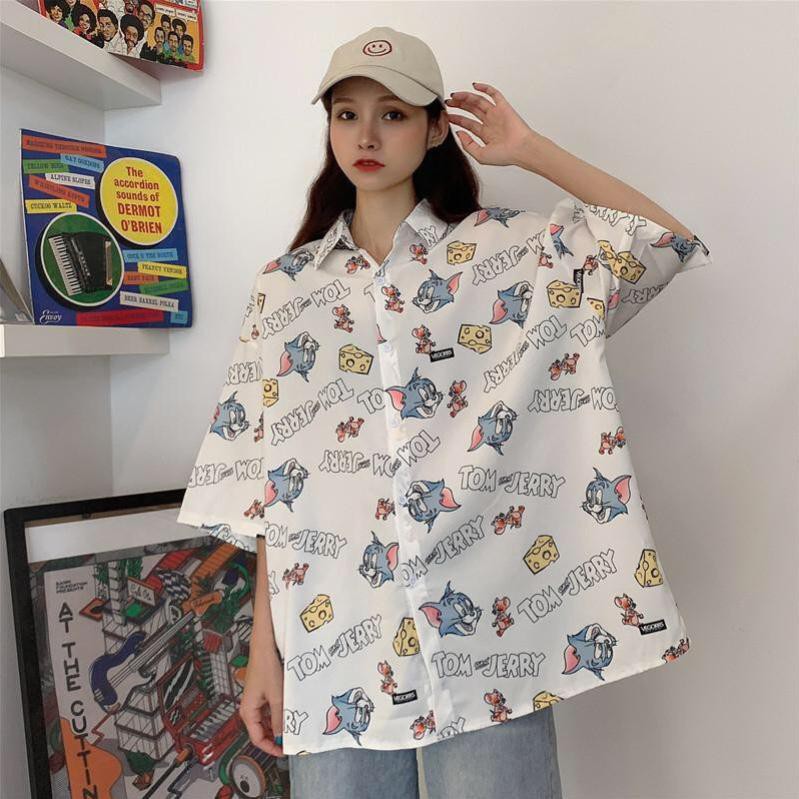 ÁO SƠ MI HOẠT HÌNH TOM VÀ JERRY UNISEX FORM RỘNG CUTE ĐEN TRẮNG - ÁO SƠ MI LOANG MÈO CHUỘT