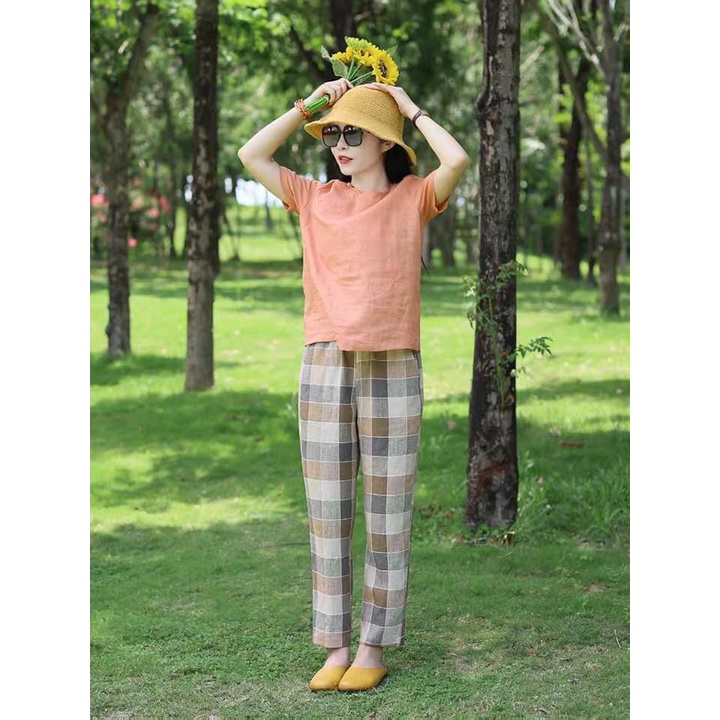 Set Đồ Linen Nữ Áo Cổ Tàu Đính Cúc, Quần Dài Ống Suông Chất Liệu Voan Mắc Thoáng Mát