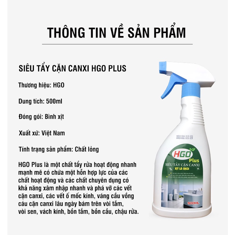 Tẩy cặn canxi nhà tắm HGO PLUS làm sạch vách kính, vòi sen inox 304, bồn sứ, gạch men, lavabo tiện lợi hiệu quả 500ml