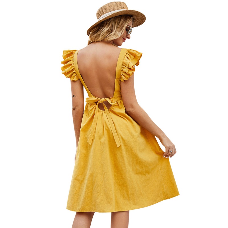 Đầm Midi Dáng Chữ A Cổ Vuông Chất Liệu Cotton Phối Bèo Thời Trang Cho Nữ