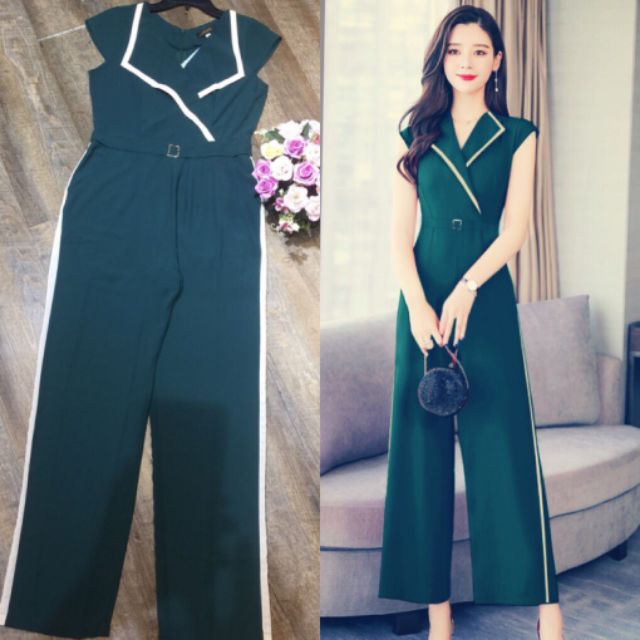 Jum dài ống suông cổ vest phối viền be kèm belt