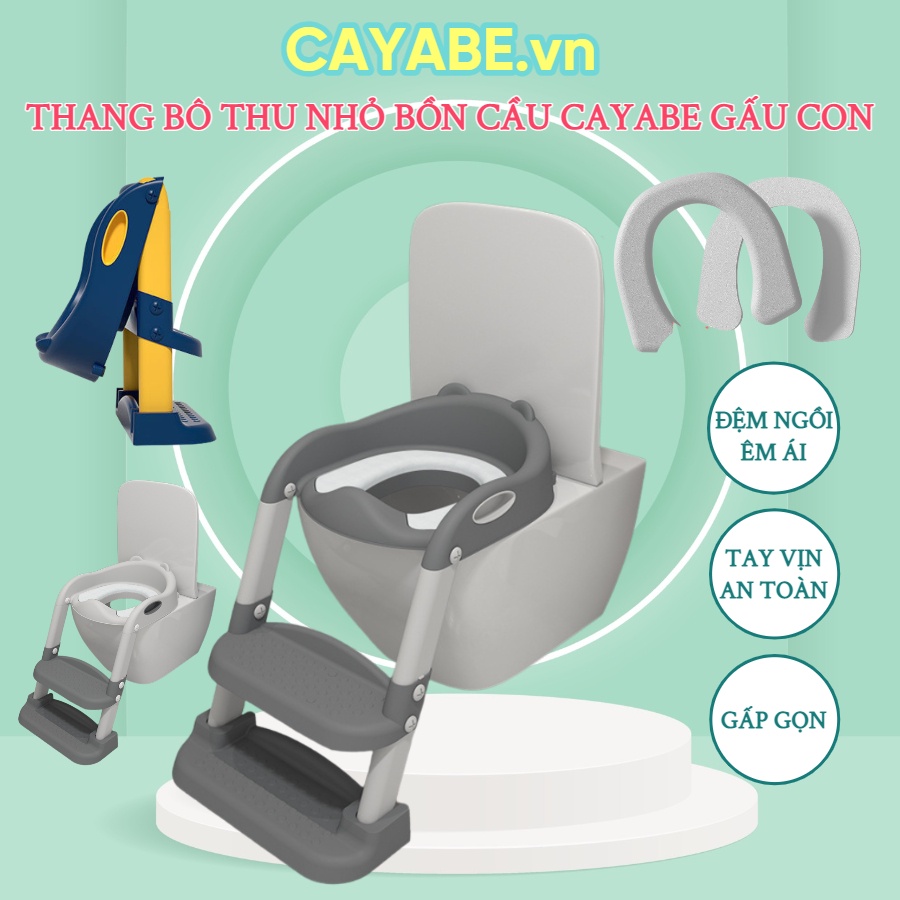 Thang bô vệ sinh cho bé gấp gọn CAYABE gấu con, bệ lót thu nhỏ bồn cầu cho bé đi vệ sinh toilet, có tay vịn và đệmêêm ái