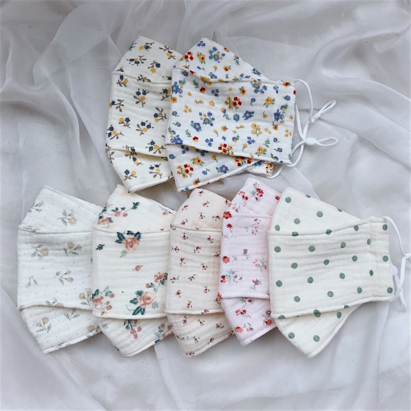 Khẩu trang nữ 3D thô cotton hoa nhí vintage dây điều chỉnh