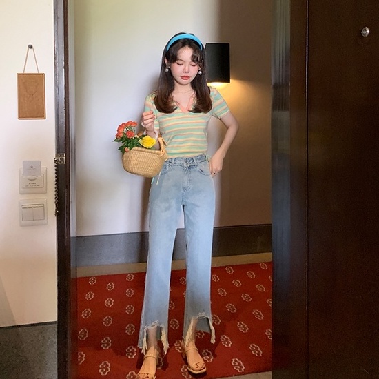 【ZHELIHANGFEI】Áo Thun POLO Tay Ngắn Cổ POLO Họa Tiết Kẻ Sọc Phối Dây Rút Thời Trang Trẻ Trung