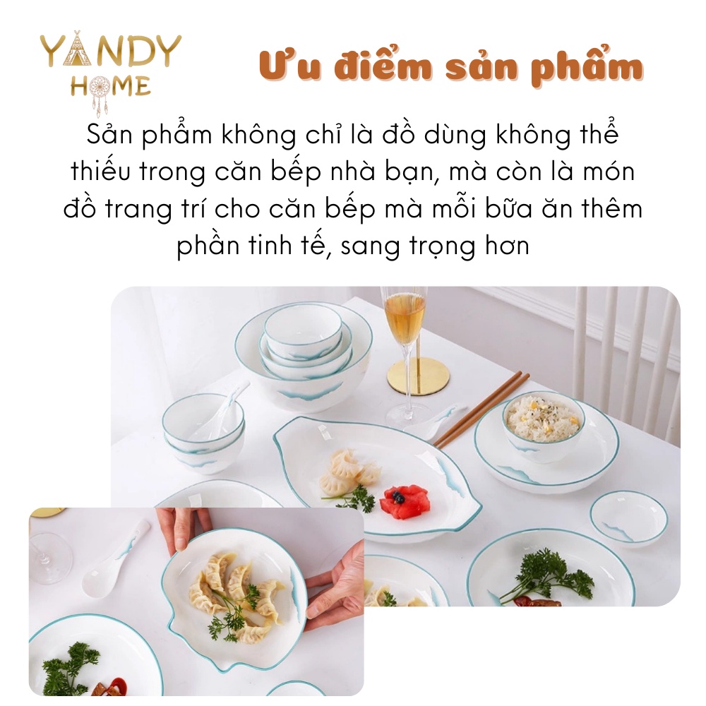 Bát đĩa tô chén gốm sứ YANDY HOME BB12 màu trắng vân mây 10 chi tiết men bóng