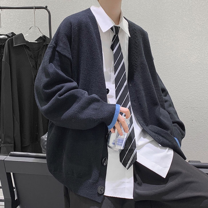 Áo khoác Cardigan dệt kim dáng rộng màu sắc đơn giản phong cách hồng kông cho nam