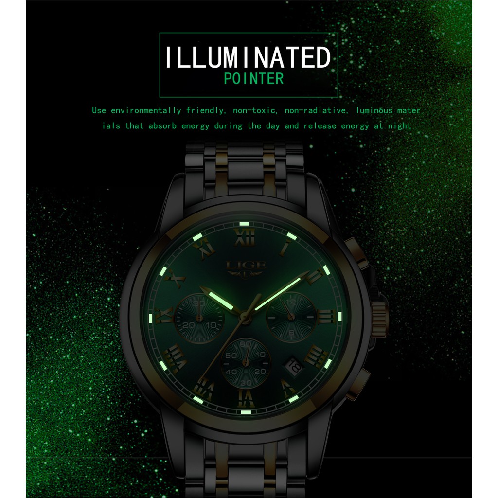 LIGE Đồng Hồ Nam Bằng Thép Không Gỉ Sang Trọng