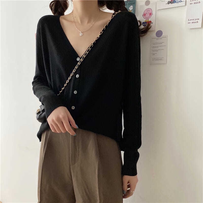 Áo khoác cardigan thun len nữ tay dài 7 cúc cổ tim