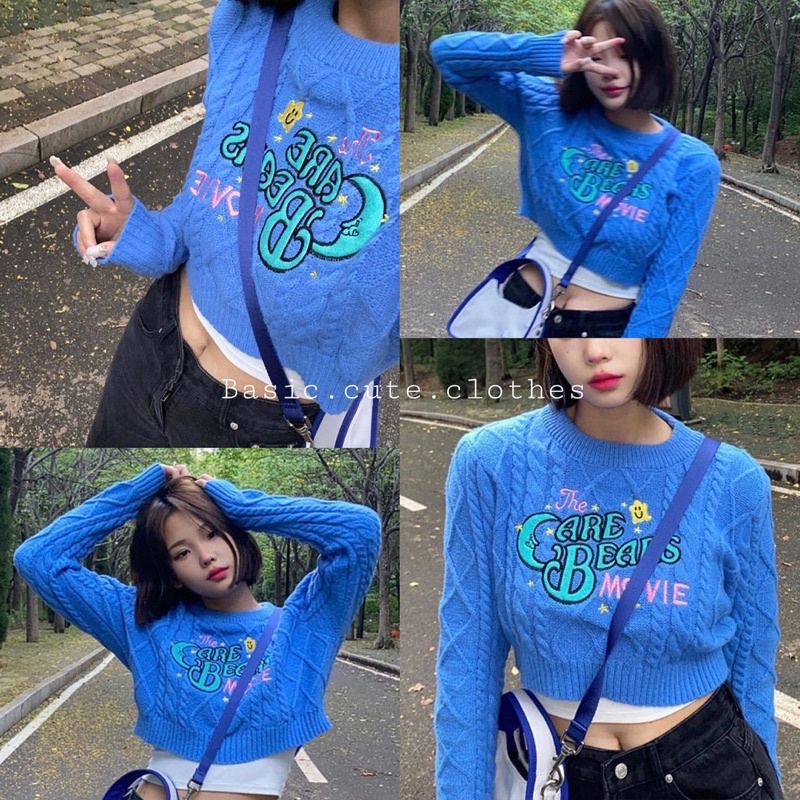 Áo croptop dài tay chất len cừu màu xanh biển hoạ tiết chữ độc đáo trẻ trung order