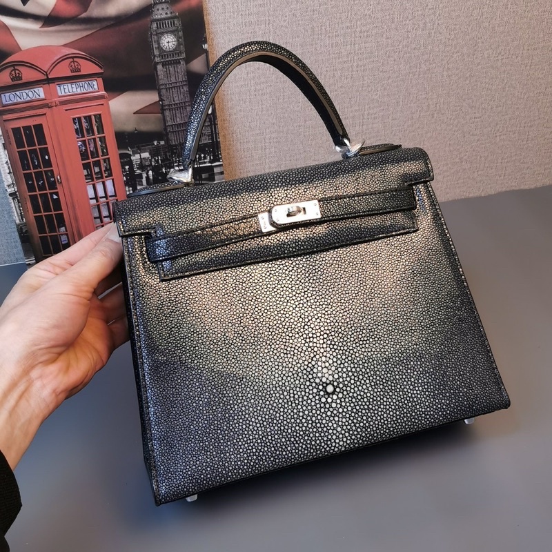 Túi xách nữ Hermes HM Kelly da thật cao cấp size 25 màu đen pha trắng