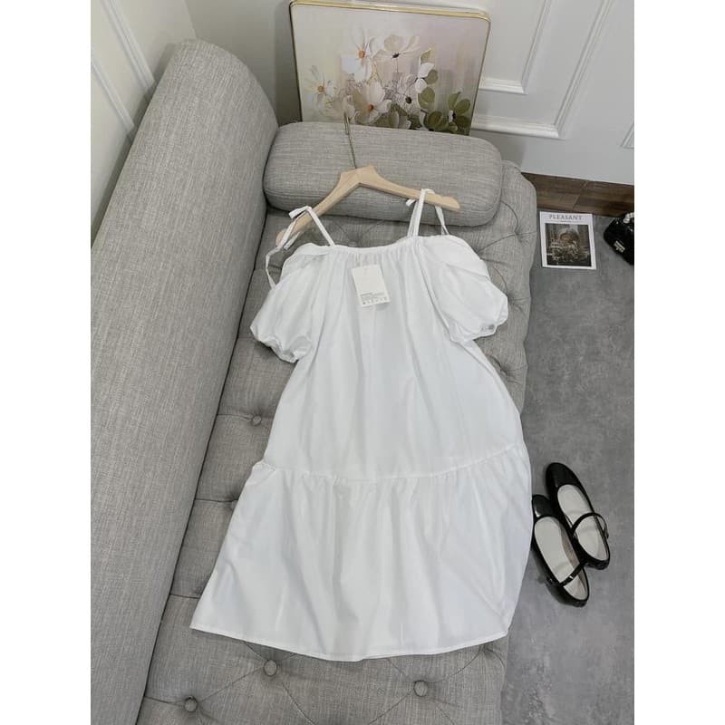 Váy babydoll trắng tay phồng cổ vuông CUTEZOO đầm tiểu thư dự tiệc đuôi cá chất đũi lụa mềm mát