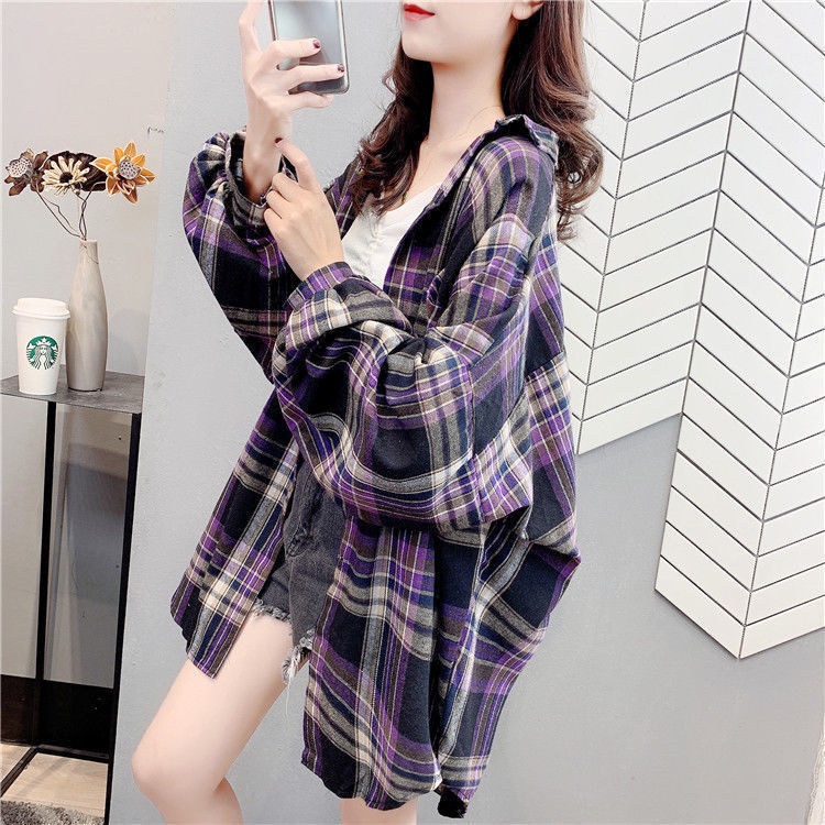 Áo sơ mi caro tay dài dáng rộng thiết kế mới phong cách retro Hàn Quốc
