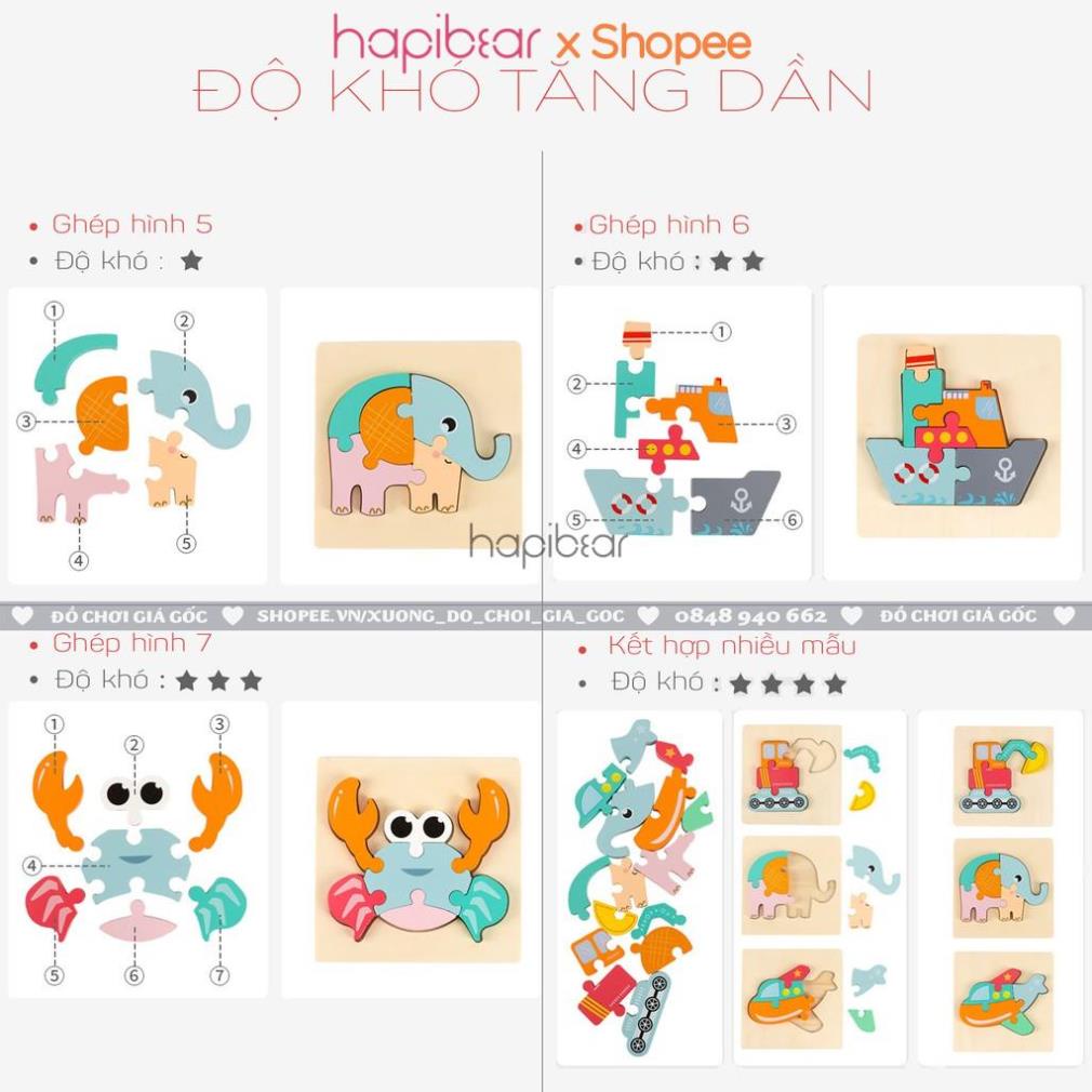 Tranh ghép hình 3D bằng gỗ có in hình nhiều mẫu ngộ nghĩnh phát triển trí tuệ, giáo dục sớm cho bé