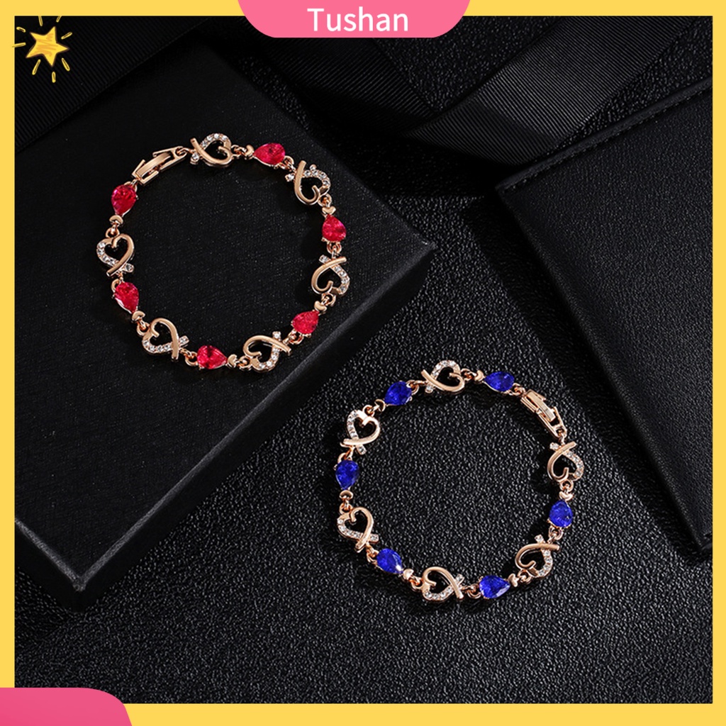 TUSH_Women Cubic Zirconia Inlaid Hollow Love Heart Charm Bracelet Bangle Jewelry Gift