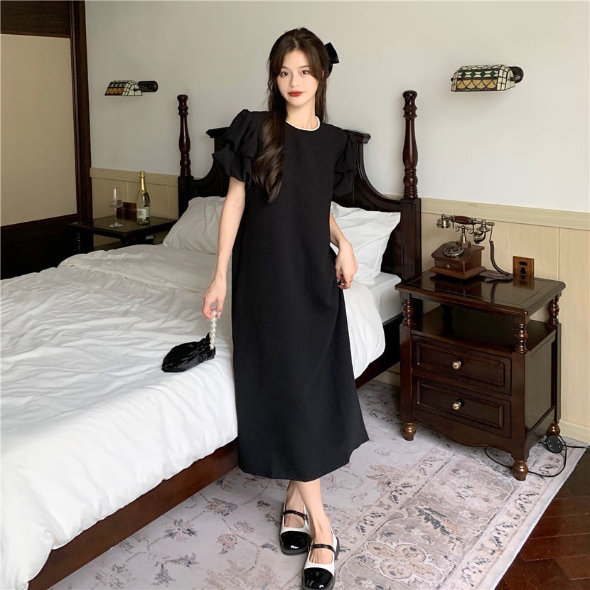 QOEDDV Đầm Midi Tay Ngắn Cổ Tròn Dáng Rộng Thiết Kế Đơn Giản Thời Trang Hàn Quốc Cho Nữ