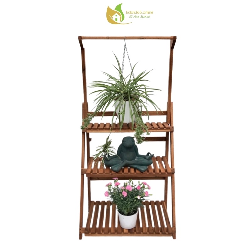 Kệ gỗ 3 tầng, kệ trang trí có thanh treo tăng đơ, trang trí ban công, sân vườn chất liệu gỗ tràm
