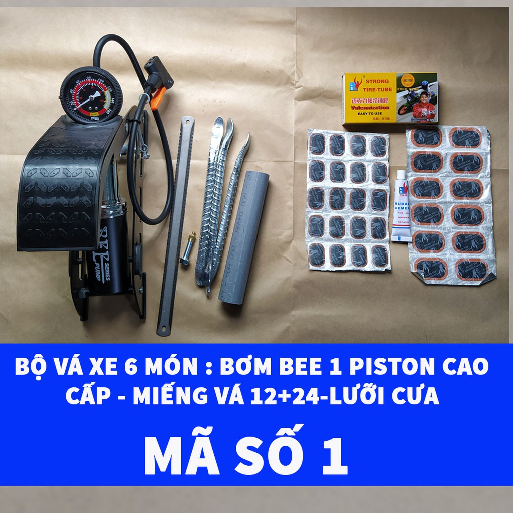 [Bơm Chân BEE Đen 1 Piston] Bộ Vá 6 Món Ruột Xe Máy Và Xe Đạp Bơm Đạp Chân 1 Piston Cao Cấp + Lưỡi Cưa