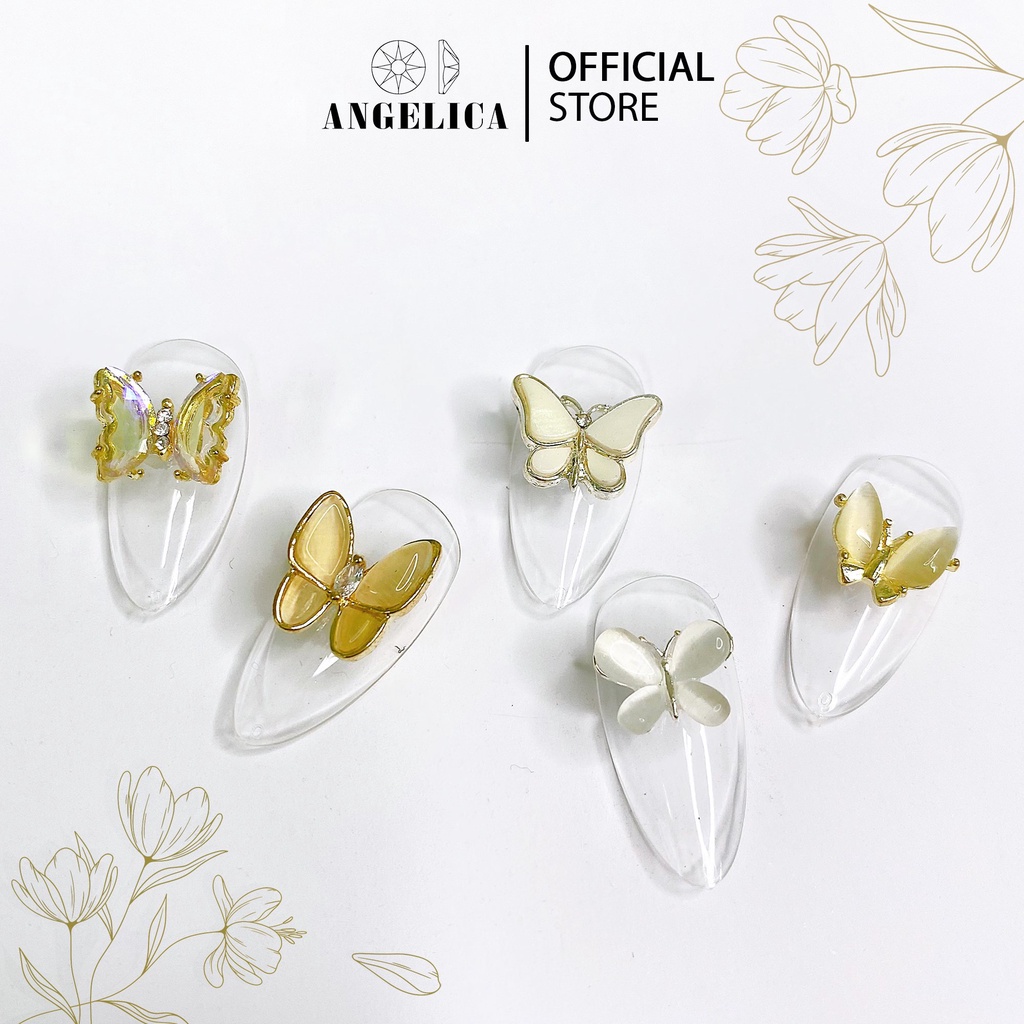Charm Đá Nail 2 Chiếc Nơ Bướm  Kim Loại Ánh Vàng, Ánh Bạc Trang Trí Móng ANGELICA E
