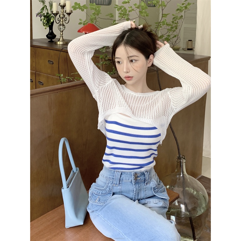 Set Áo Thun Dài Tay + Áo Len Yếm Sọc Bên Trong Thời Trang Nữ Tính