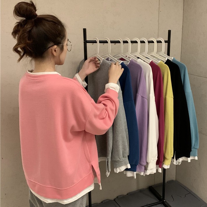 ÁO KHOÁC BASIC / SWEATER NỮ TAY DÀI CỔ TRÒN DÁNG DÀI TRƠN PHỐI VẢI TRẮNG UNISEX