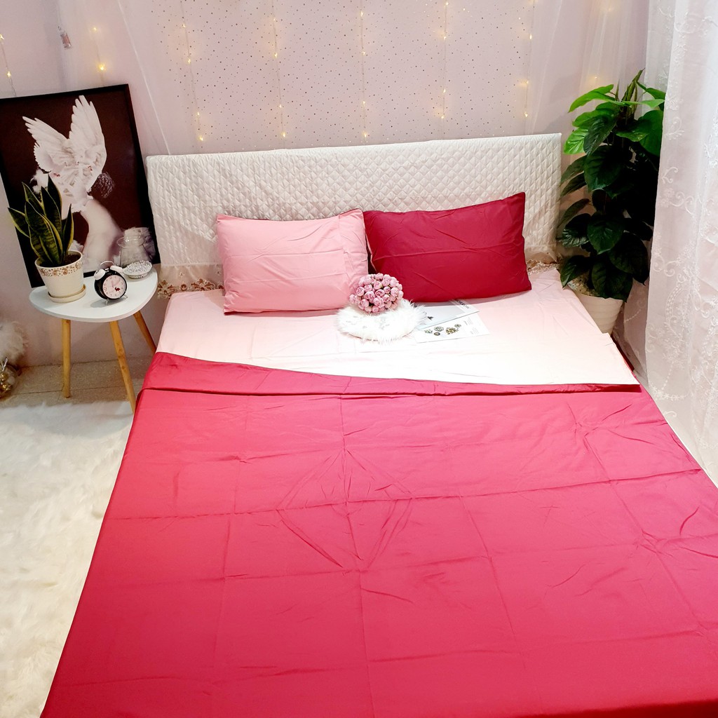 Bộ drap chăn ga Cotton poly Đỏ phối hồng ABUBU phong cách Hàn Quốc đủ size 1m2 - 2m2