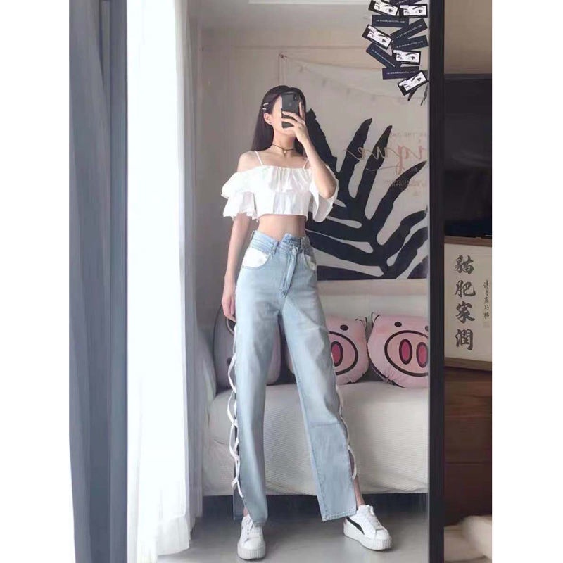 Quần jean lưng cao ống rộng thiết kế thời trang phong cách cá tính cho nữ