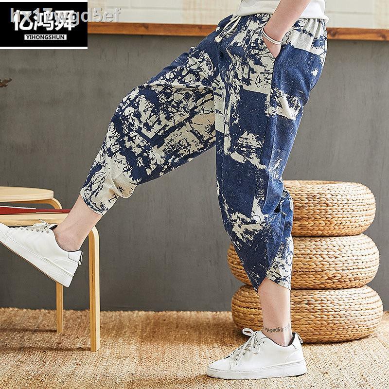 ♘▫Quần nam vải cotton và lanh thư giãn rộng rãi đa năng, hợp thời trang cộng với size bảy điểm harem ống chín đùi m