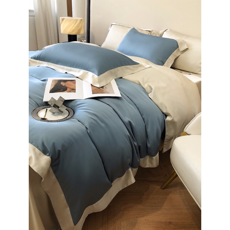 Bộ chăn ga gối trơn cao cấp 100%Tencel 120s phối 2 màu chăn viền siêu xịn mịn, mát lạnh 6 màu tùy chọn
