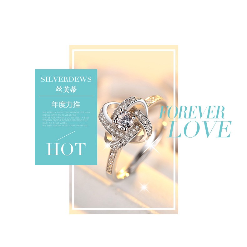 Nhẫn đeo tay kim loại mặt hình cỏ bốn lá đính đá xinh xắn dành cho nữ