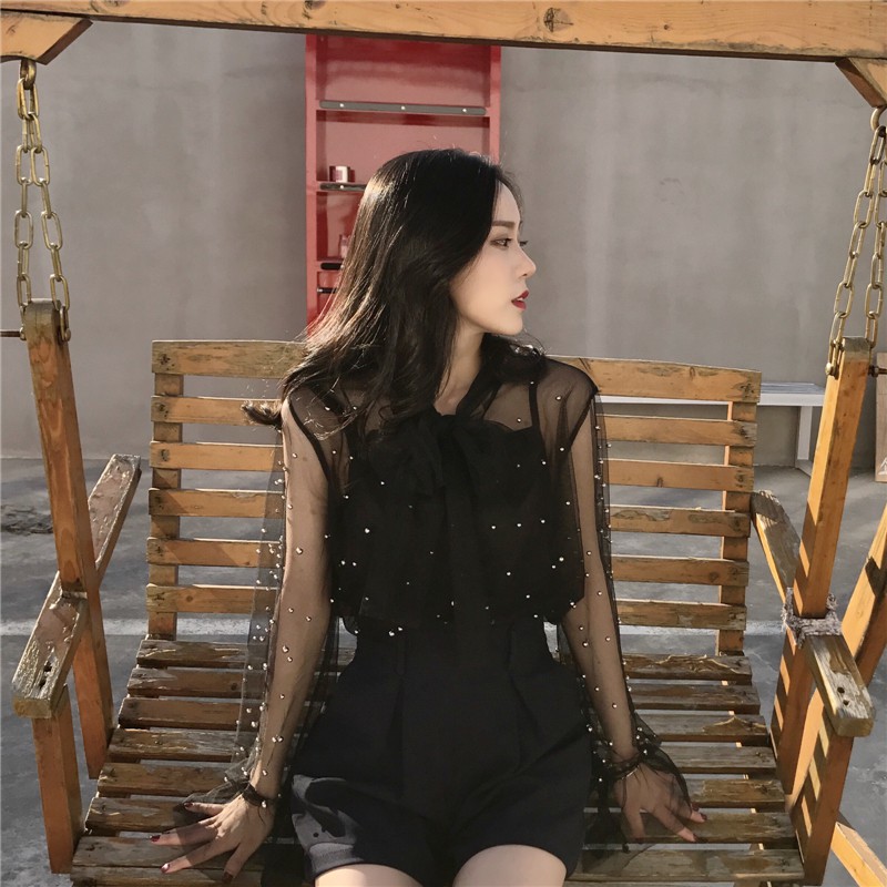 🌸Xả Có Hạn🌸Hàng Quảng Châu🌸Áo Sơ Mi Đen Đính Ngọc Thắt Nơ 🌸Siêu Sinh Sexy