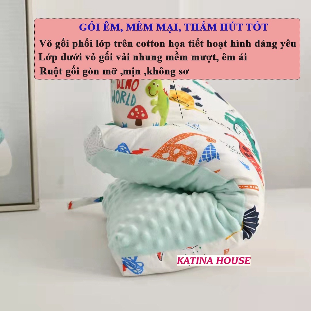 Gối cho bé bông gòn êm mềm, vải cotton phối nhung thoáng khí thấm hút tốt, phù hợp cho bé 2-10 tuổi