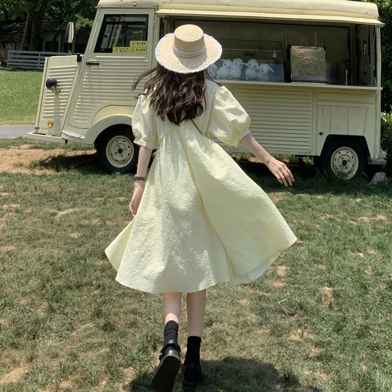 Đầm Công Chúa Tay Phồng Dáng Rộng Màu Vàng Nhạt Phong Cách Hàn Quốc Thời Trang Cho Nữ