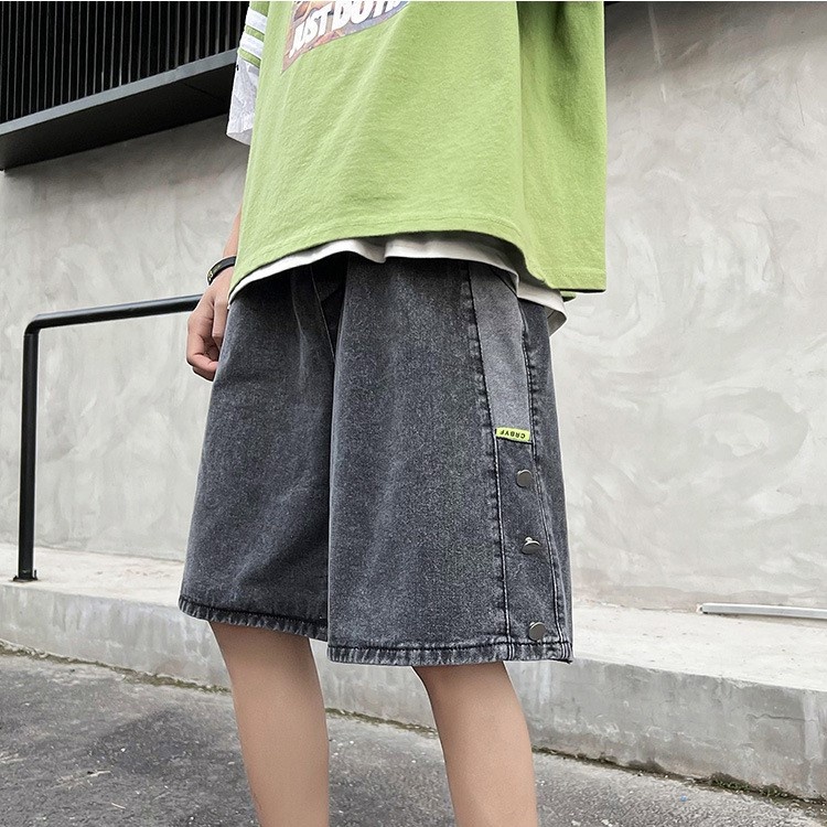 Quần short jean ống rộng nam nữ unisex lưng chun màu xanh xám khuy bấm đẹp 653 Pon.mens