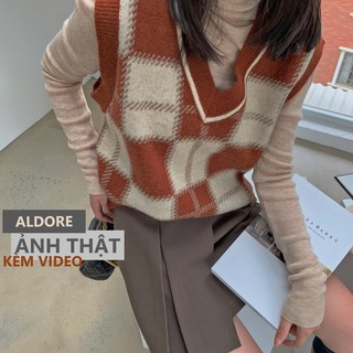 Áo len gile nữ kẻ caro dáng rộng