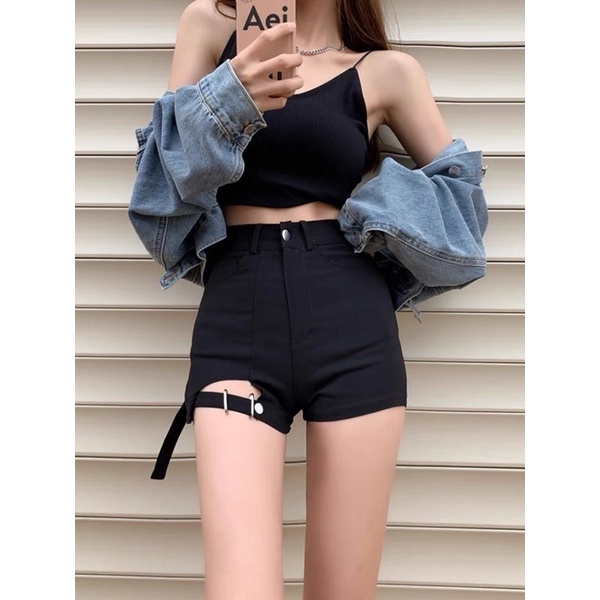 Mùa hè năm 2021 mới thiết kế quần eo cao hot girl quần đùi ống rộng.