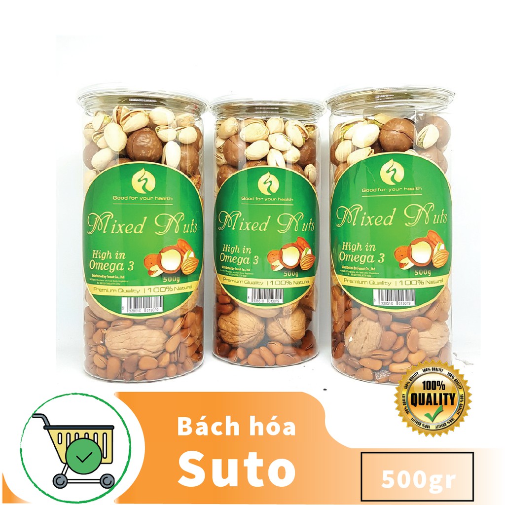 Mix Nuts 6 loại hạt dinh dưỡng hỗn hợp óc chó, hạnh nhân, hạt thông Mỹ, macca, hồ đào, hạt dẻ cười hộp 500gr Sutoshop | BigBuy360 - bigbuy360.vn