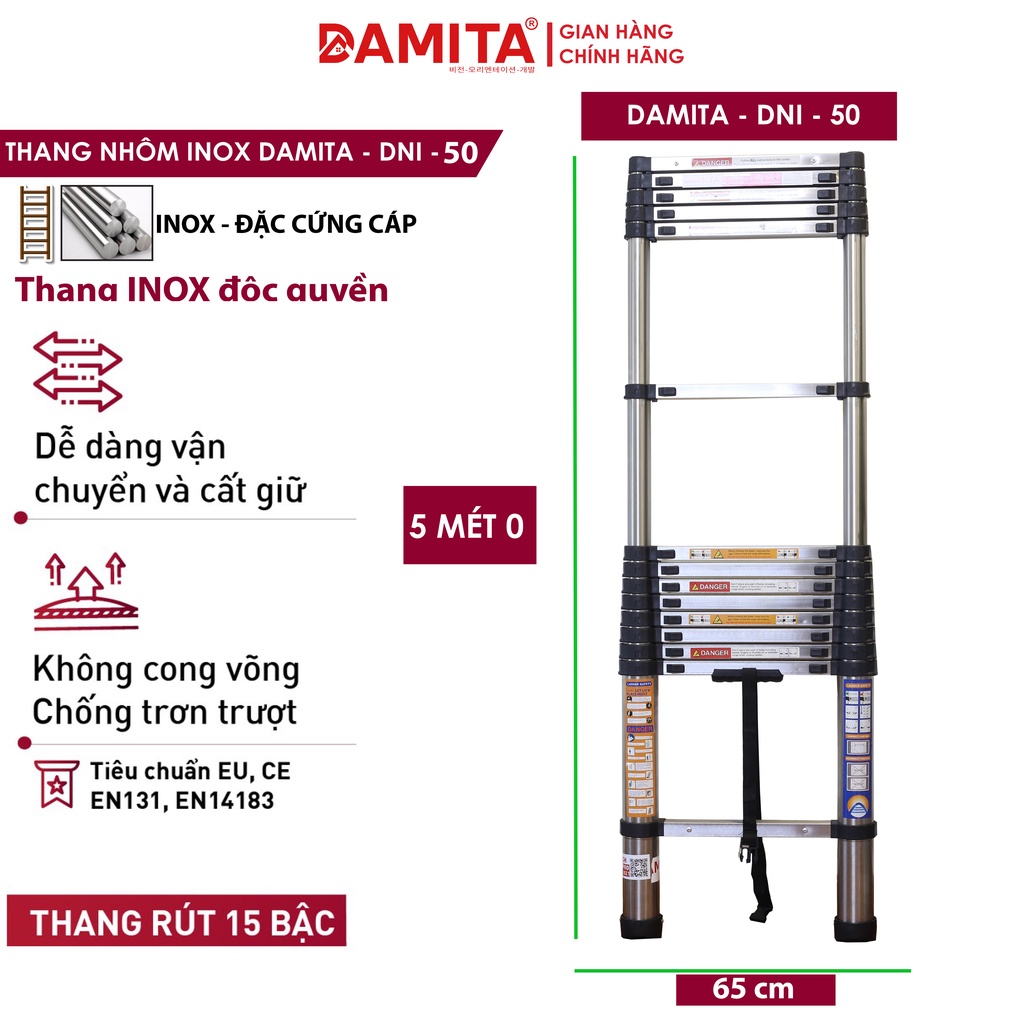 Thang nhôm rút đơn 5.0m INOX 2022 mới cao cấp rút gọn đa năng đai an toàn nhựa ABS bảo hành 24 tháng FREESHIP 2h