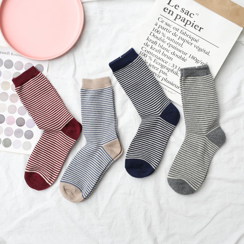 Set 4 Đôi - Tất Nữ Cổ Cao Cao Cấp, Chất Liệu Cotton Đi Mát - Họa Tiết Sọc Ngang Nhỏ - NUCAO-CCSOCNGANG-CB4
